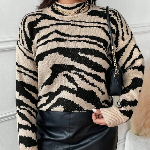 Sweaters - Multicolor Casual Women's Plus Size Long Sleeve Zebra Stripe Pullover Sweater